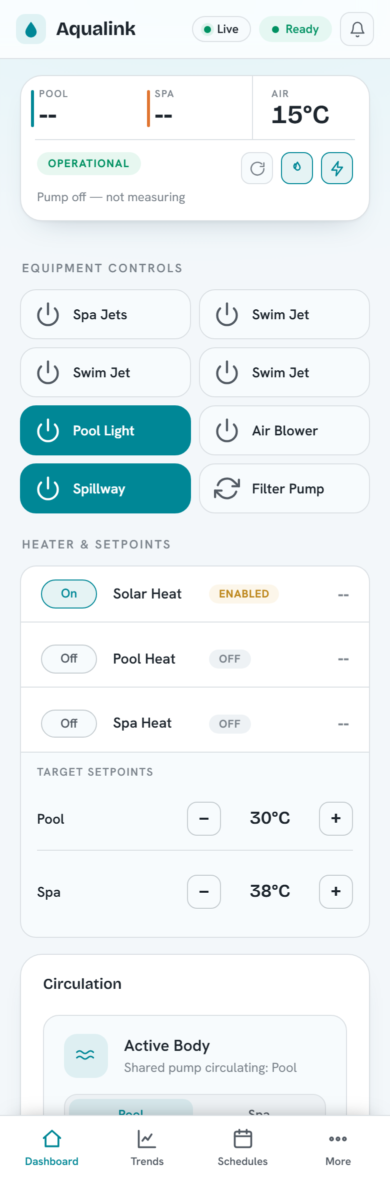 The dashboard on a phone — condensed temperature header, equipment tap-tiles, and a bottom tab bar