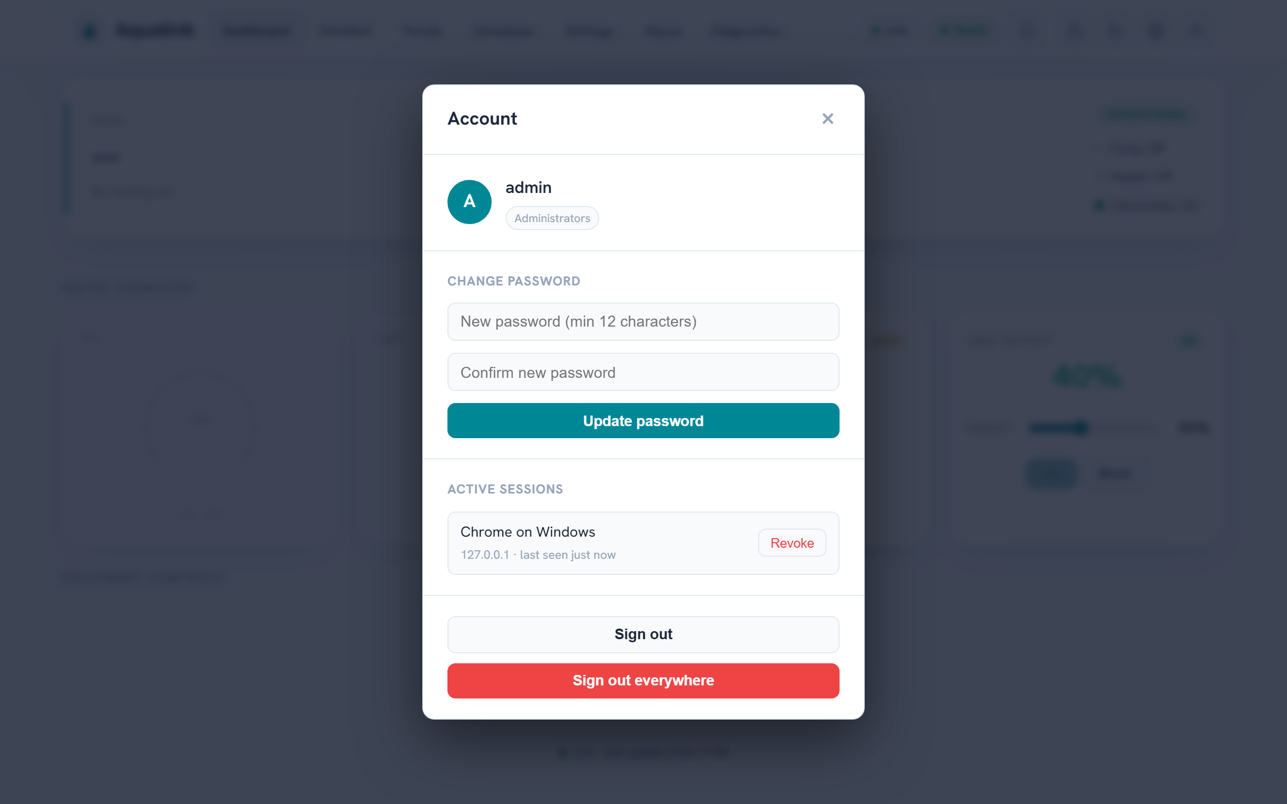 The Account menu — change password, active sessions with revoke, sign out everywhere