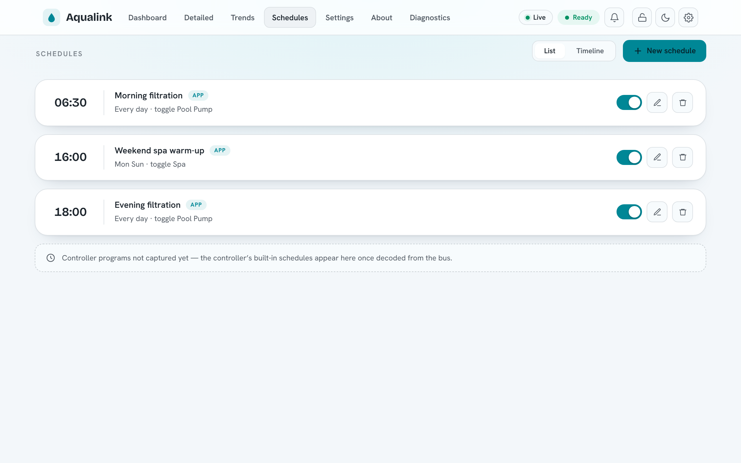 The Schedules view — app-managed schedules with a list/timeline toggle